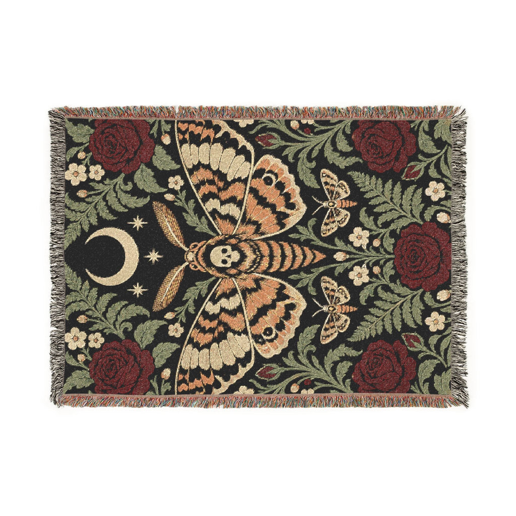 Wicked Thread Society gothic woven cotton blanket featuring moths, crescent moons, and red roses with fringed edges.