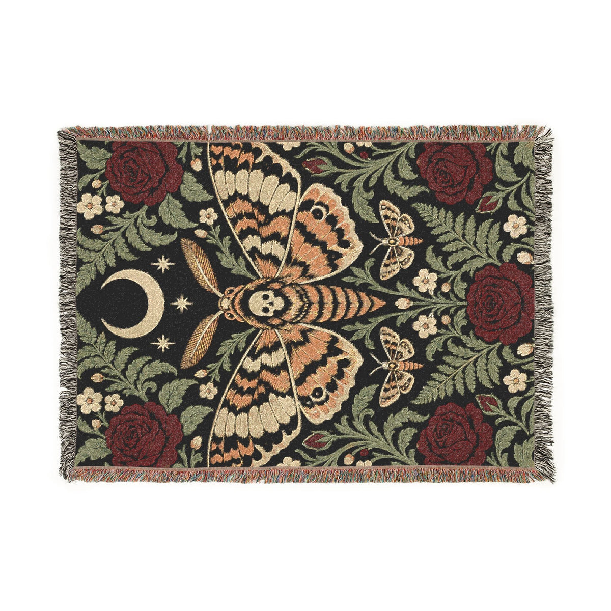 Wicked Thread Society gothic woven cotton blanket featuring moths, crescent moons, and red roses with fringed edges.