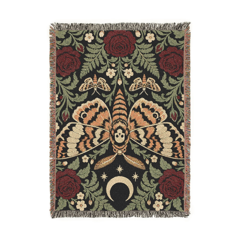 Wicked Thread Society woven cotton blanket featuring a gothic moth, crescent moon, and red rose floral tapestry design.