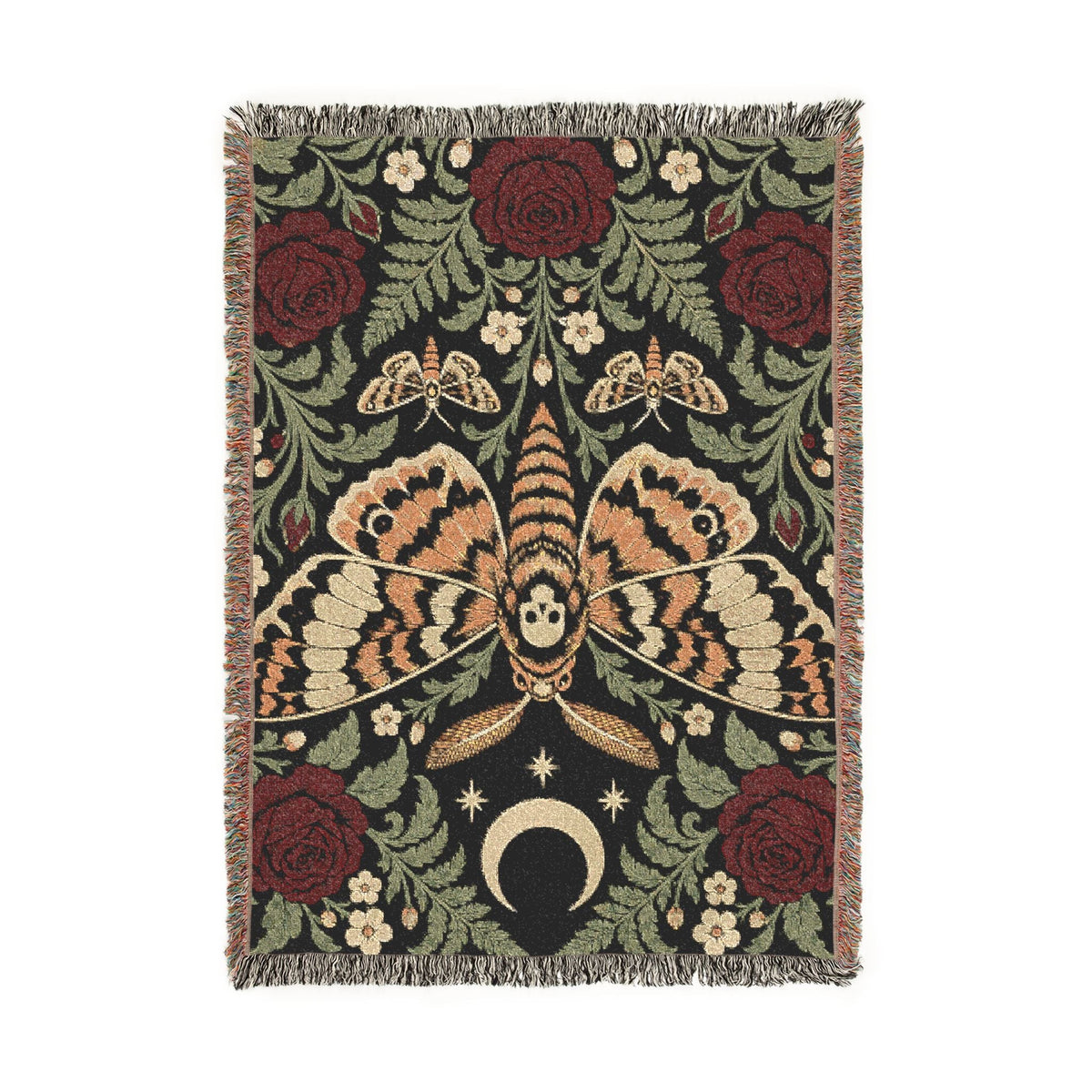 Wicked Thread Society woven cotton blanket featuring a gothic moth, crescent moon, and red rose floral tapestry design.