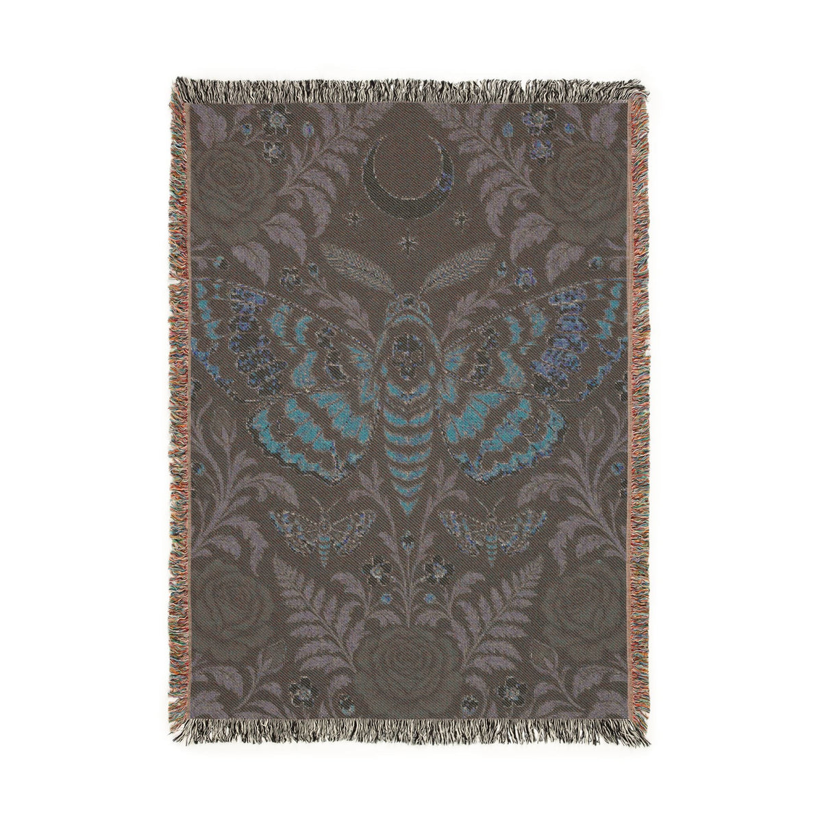 Wicked Thread Society gothic woven cotton blanket featuring a moth, crescent moon, and floral rose pattern with fringe.