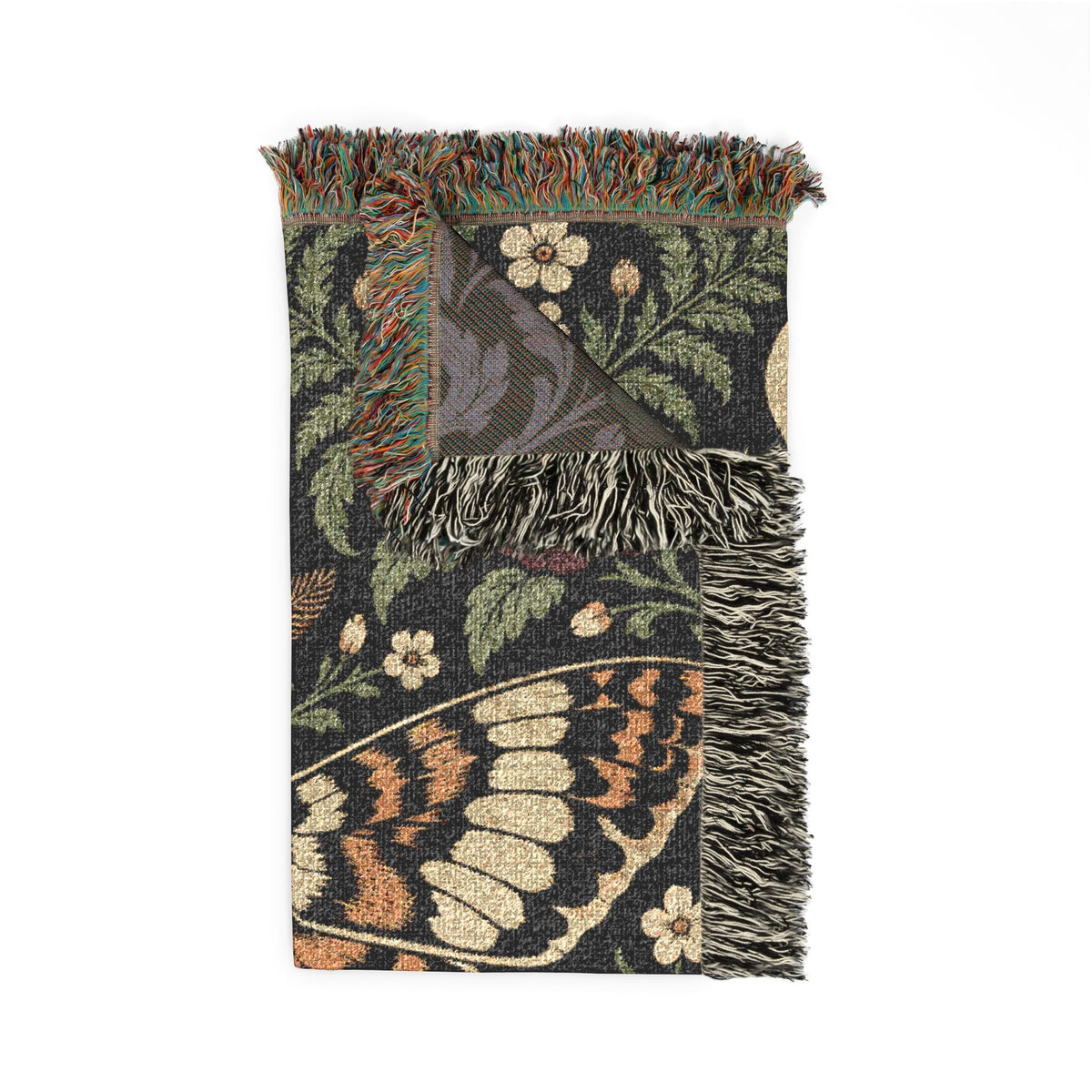 Wicked Thread Society gothic floral woven cotton throw blanket featuring moth, crescent moon, and rose patterns.