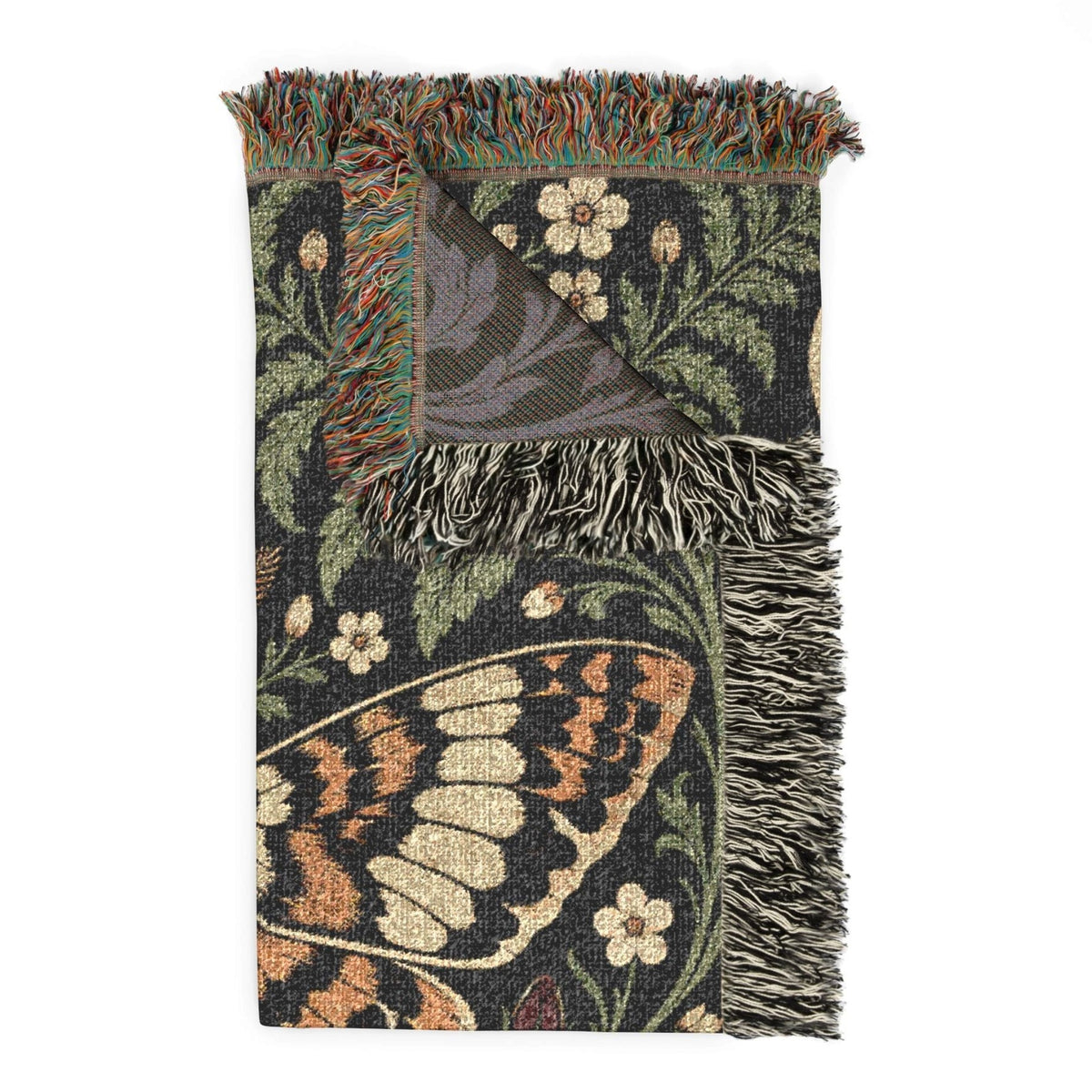 Wicked Thread Society gothic floral woven cotton throw blanket featuring moth, crescent moon, and rose tapestry design.