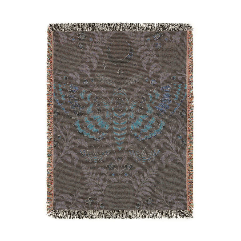 Wicked Thread Society gothic woven cotton throw blanket featuring a moth, crescent moon, and floral rose pattern.