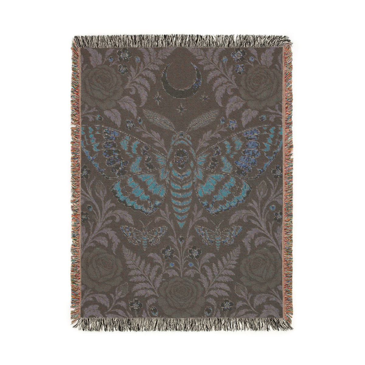 Wicked Thread Society gothic woven cotton throw blanket featuring a moth, crescent moon, and floral rose pattern.