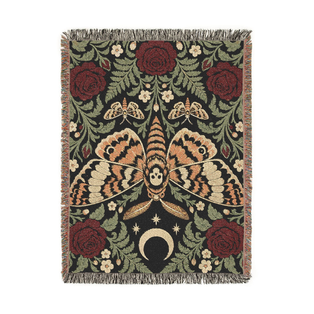 Wicked Thread Society gothic woven cotton blanket featuring a moth, crescent moon, and red roses with fringed edges.