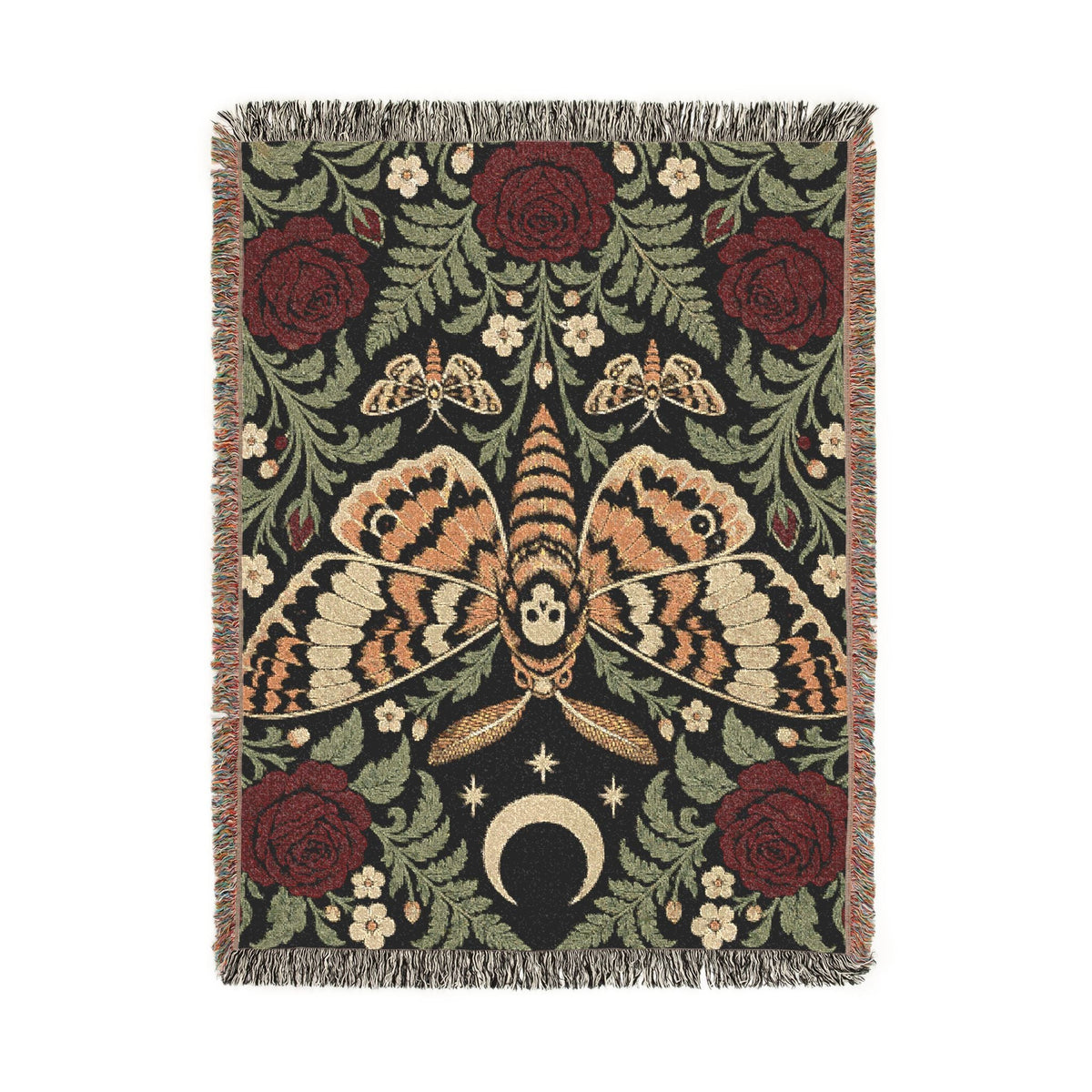 Wicked Thread Society gothic woven cotton blanket featuring a moth, crescent moon, and red roses with fringed edges.