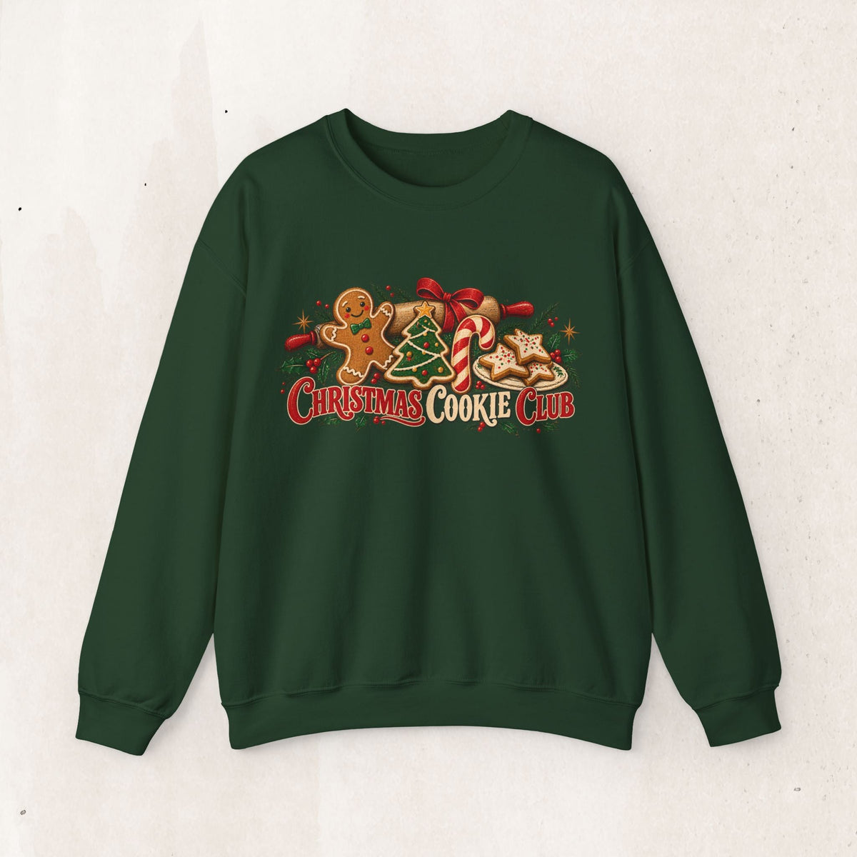 Wicked Thread Society dark green crewneck sweatshirt featuring a festive Christmas Cookie Club graphic print.