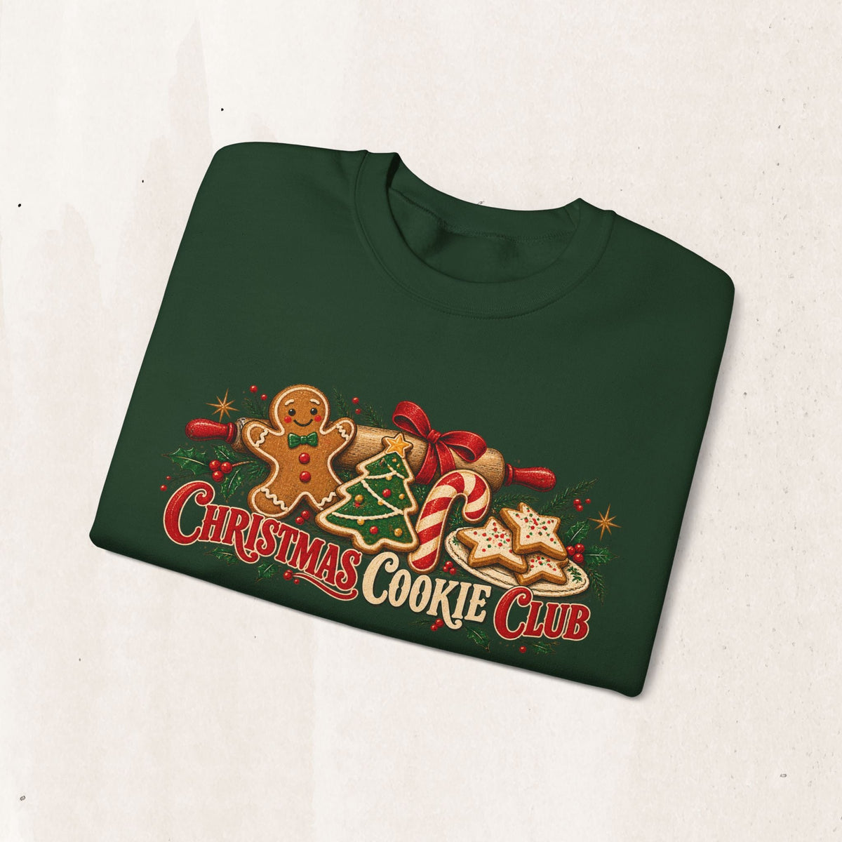 Wicked Thread Society dark green crewneck sweatshirt featuring a festive Christmas Cookie Club graphic print.