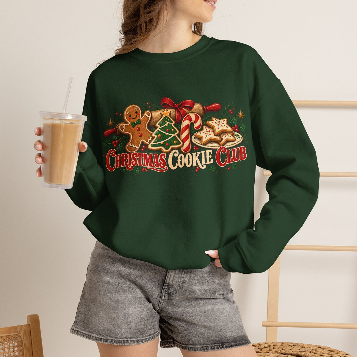Wicked Thread Society dark green crewneck sweatshirt featuring a festive Christmas Cookie Club graphic with cookies.