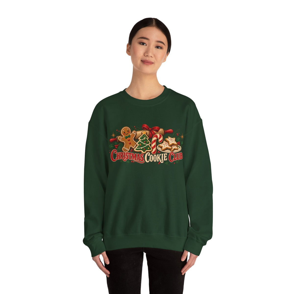 Wicked Thread Society dark green crewneck sweatshirt featuring a Christmas Cookie Club graphic with gingerbread men