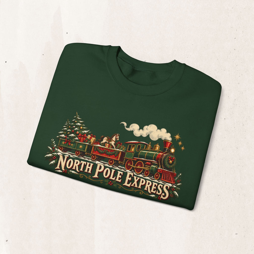 Wicked Thread Society dark green crewneck sweatshirt featuring a vintage North Pole Express steam train graphic.