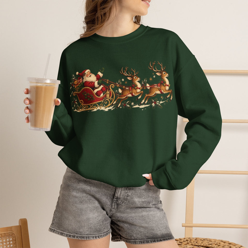 Wicked Thread Society dark green crewneck sweatshirt featuring a vintage Santa sleigh and reindeer holiday print.