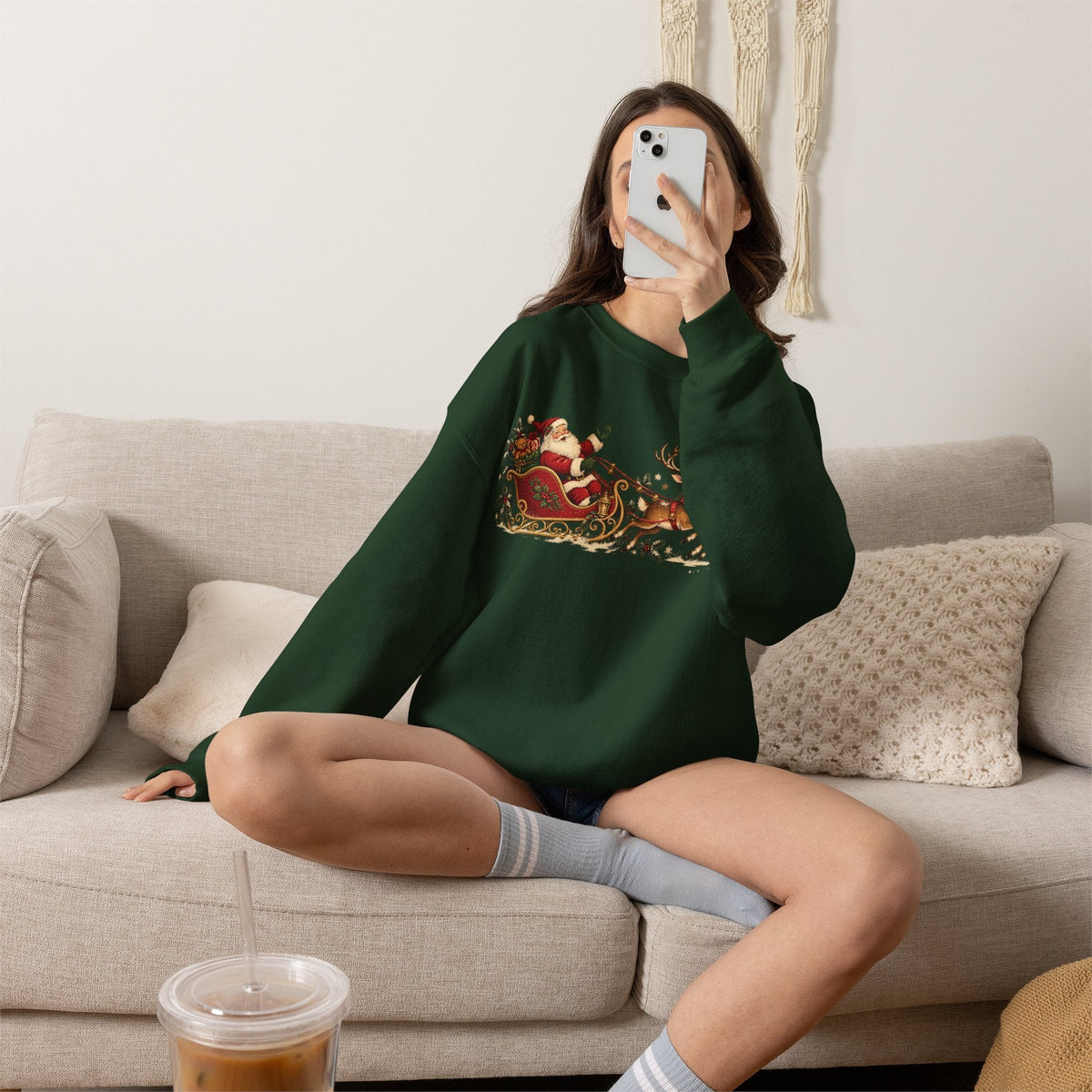 Wicked Thread Society dark green crewneck sweatshirt featuring a vintage Santa and reindeer sleigh holiday print.