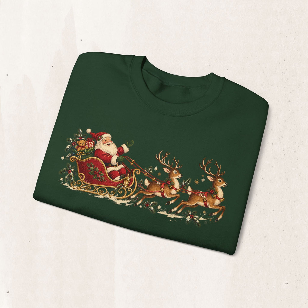 Wicked Thread Society dark green crewneck sweatshirt featuring a vintage Santa in a sleigh with reindeer print.