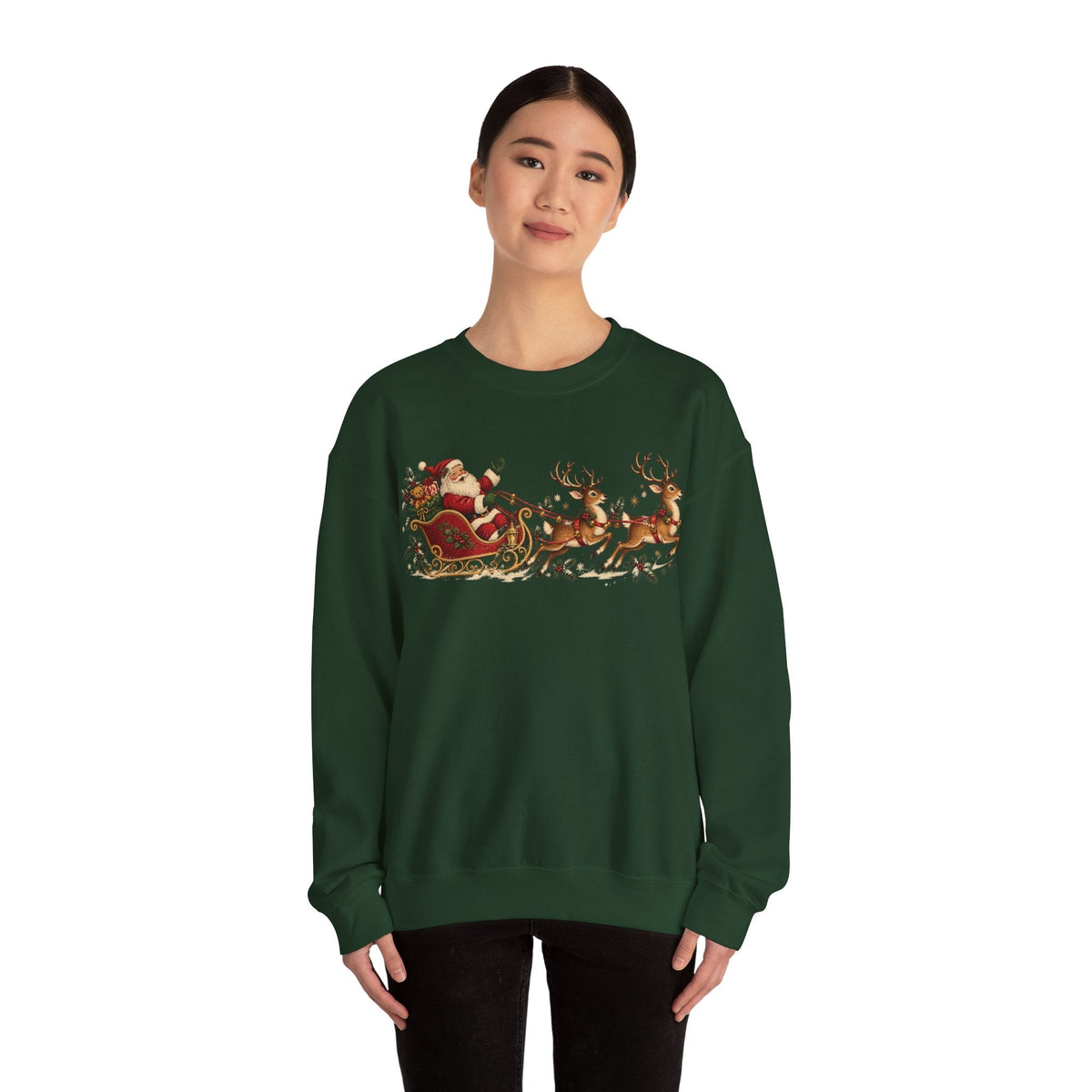 Wicked Thread Society dark green crewneck sweatshirt featuring a vintage Santa and reindeer sleigh holiday print.