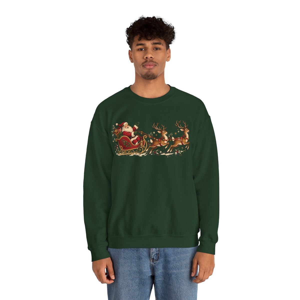 Wicked Thread Society dark green crewneck sweatshirt featuring a vintage Santa and reindeer sleigh holiday print.