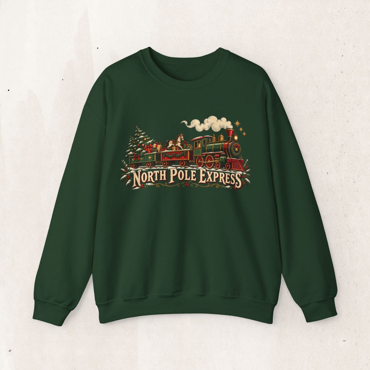 Wicked Thread Society dark green crewneck sweatshirt featuring a vintage North Pole Express steam train graphic.