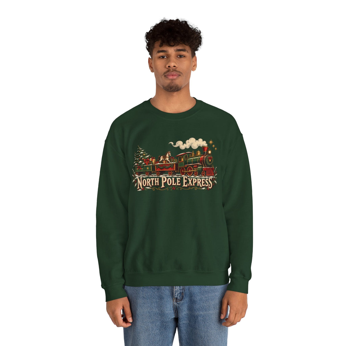 A man wearing a dark green Wicked Thread Society crewneck sweatshirt with a vintage North Pole Express train graphic.