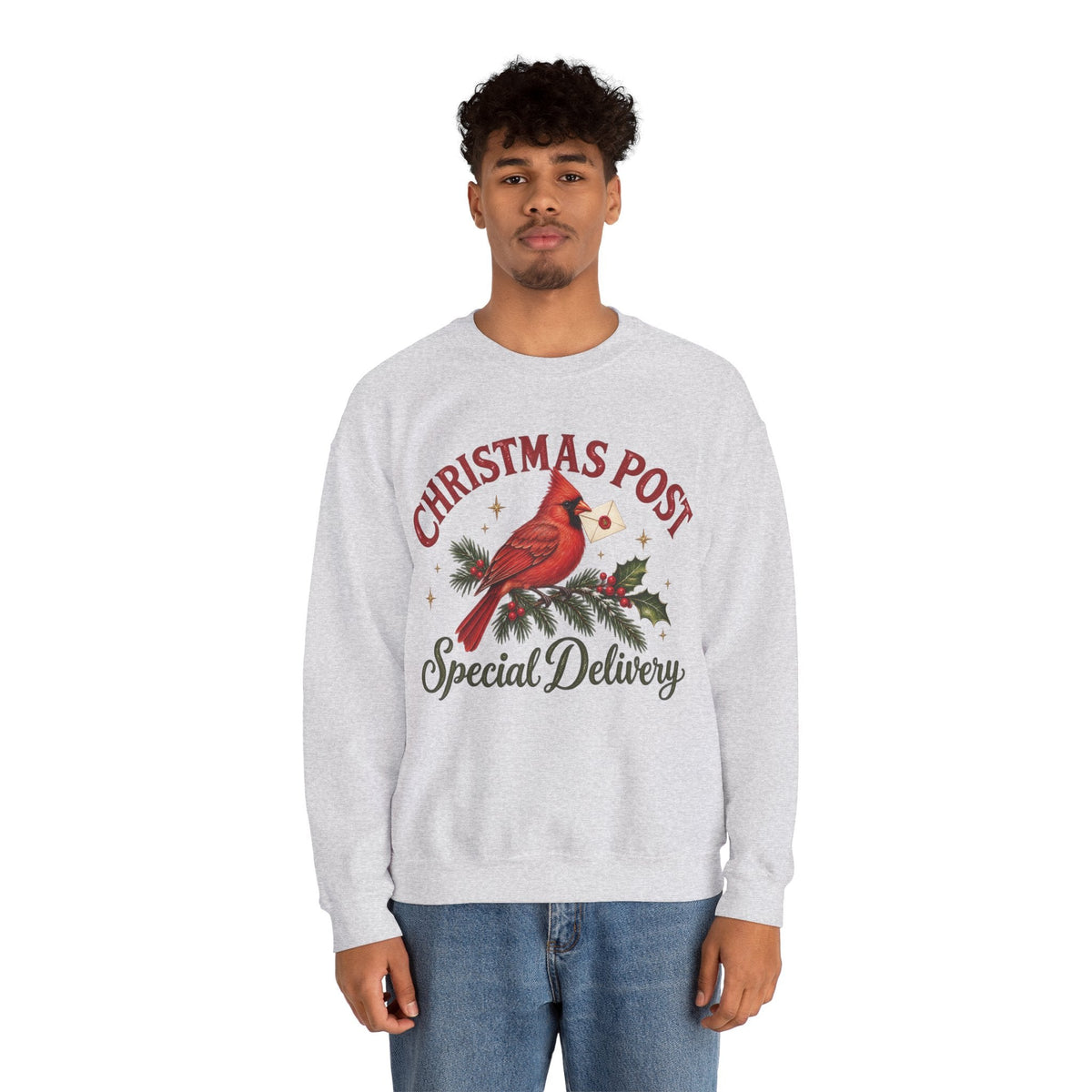 Wicked Thread Society grey crewneck sweatshirt featuring a cardinal on a pine branch with Christmas Post text