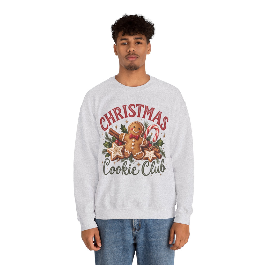 Wicked Thread Society grey crewneck sweatshirt featuring a festive gingerbread man Christmas Cookie Club graphic.