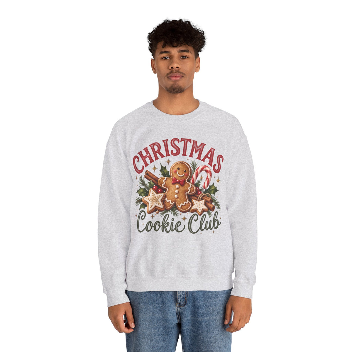 Wicked Thread Society grey crewneck sweatshirt featuring a festive gingerbread man Christmas Cookie Club graphic.