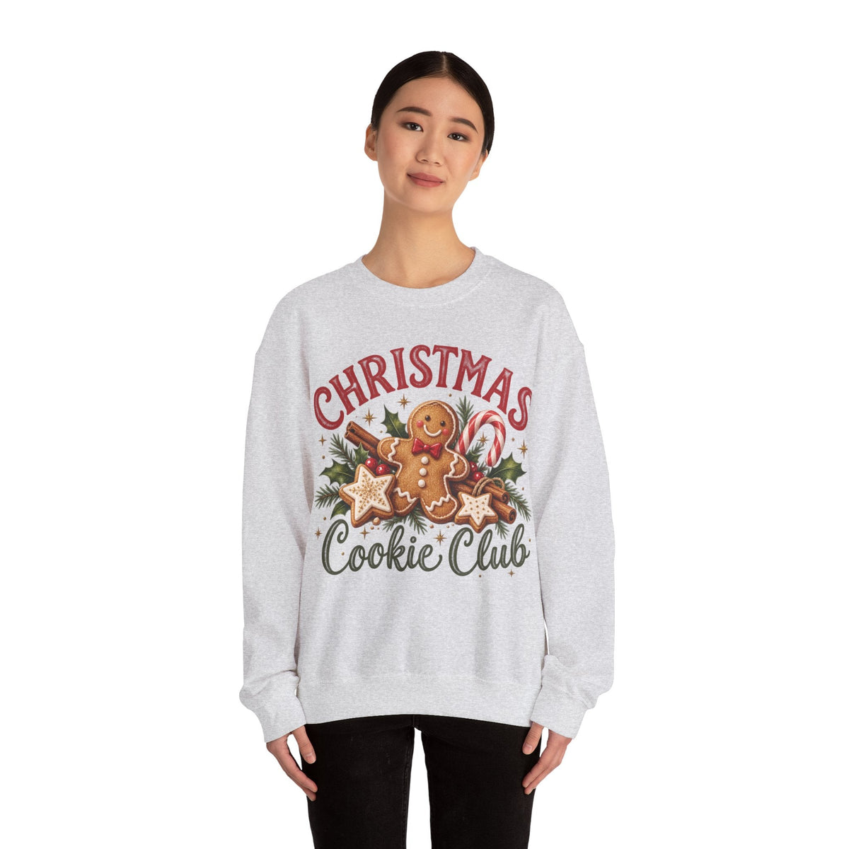 Wicked Thread Society grey crewneck sweatshirt featuring a festive gingerbread man and Christmas cookie graphic.