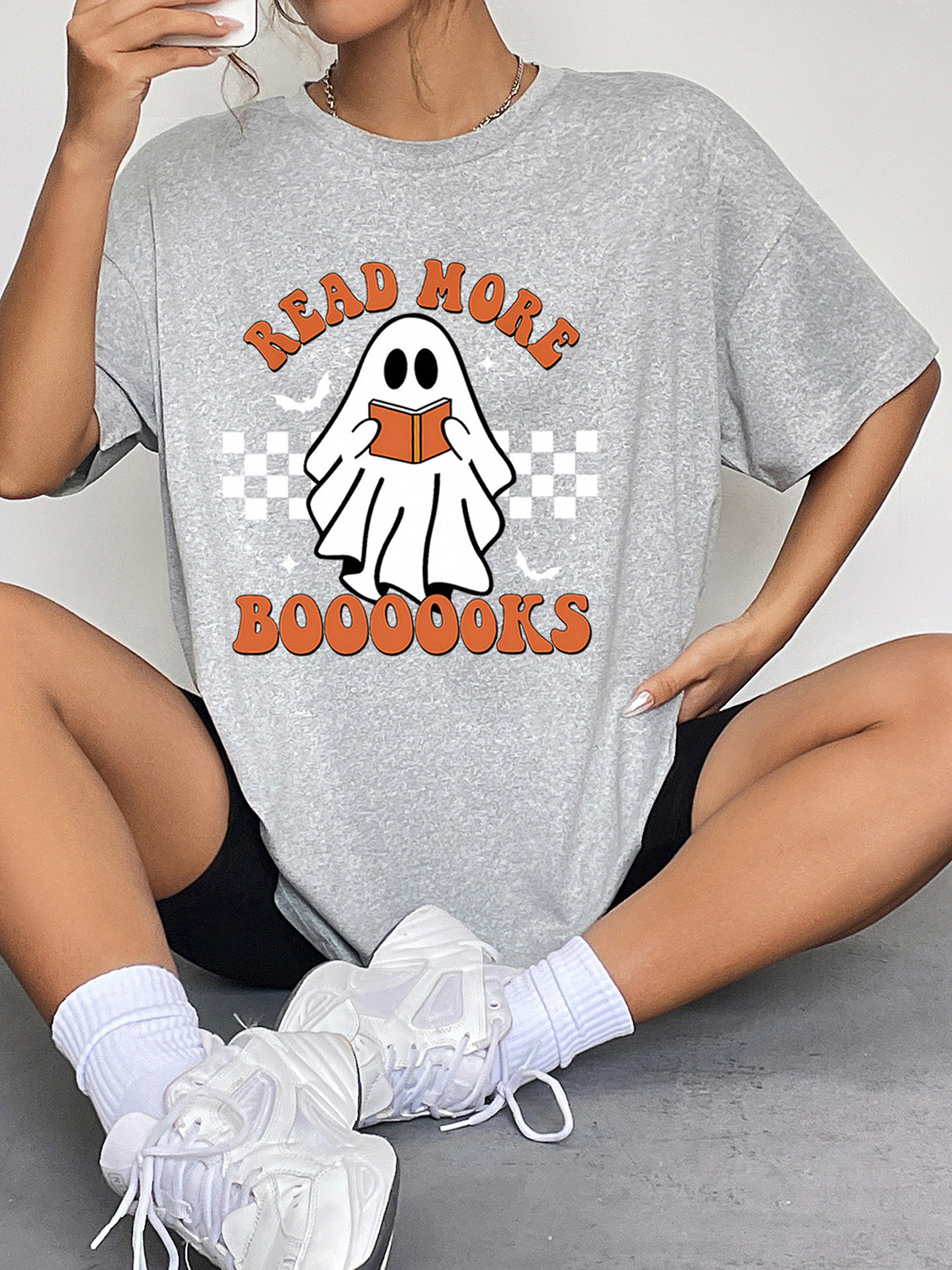 Reading Ghost Oversized Tee – Bookish Halloween Shirt – Cloudy Blue