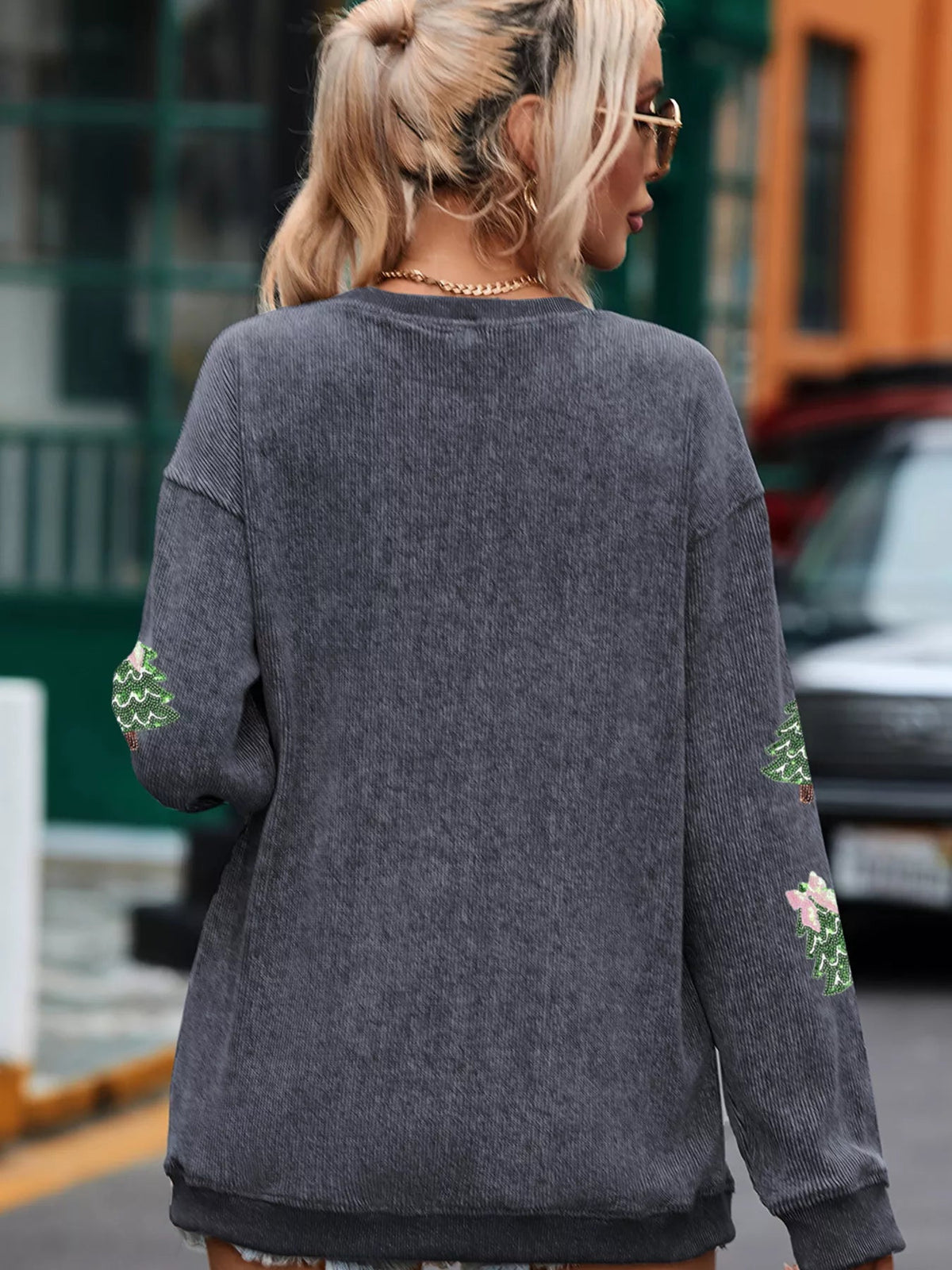 Wicked Thread Society grey ribbed baggy sweatshirt with sequin Christmas tree patches on the sleeves
