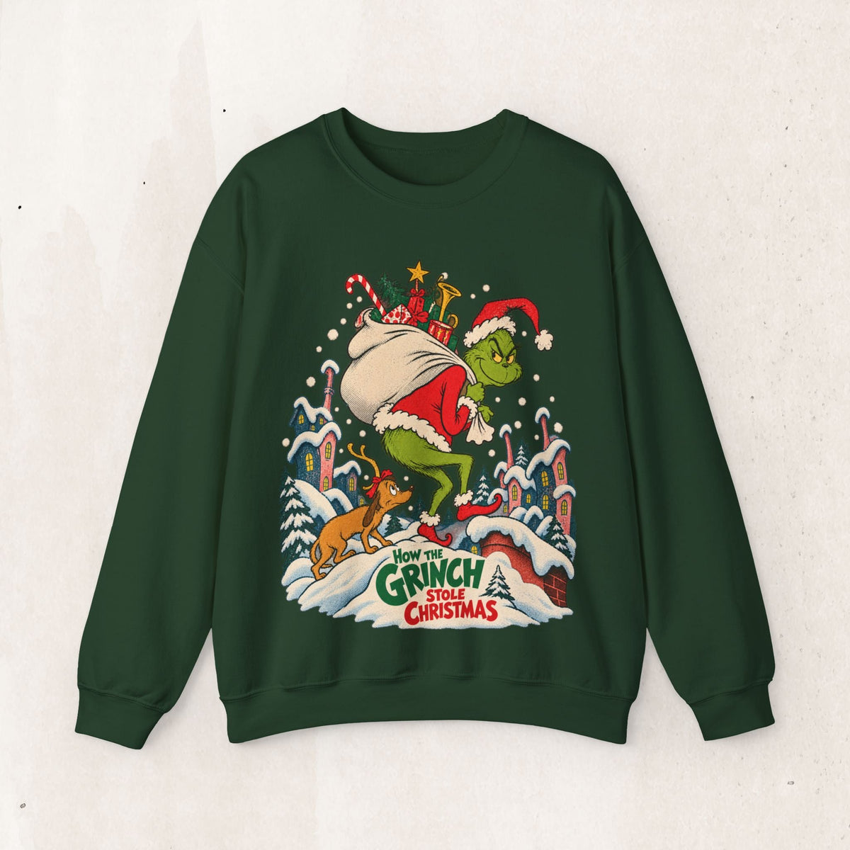 Wicked Thread Society dark green crewneck sweatshirt featuring a vintage Grinch Christmas illustration on the chest.