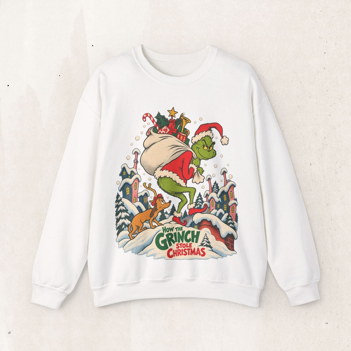 Wicked Thread Society white crewneck sweatshirt featuring a vintage Grinch illustration with Max the dog in snow.
