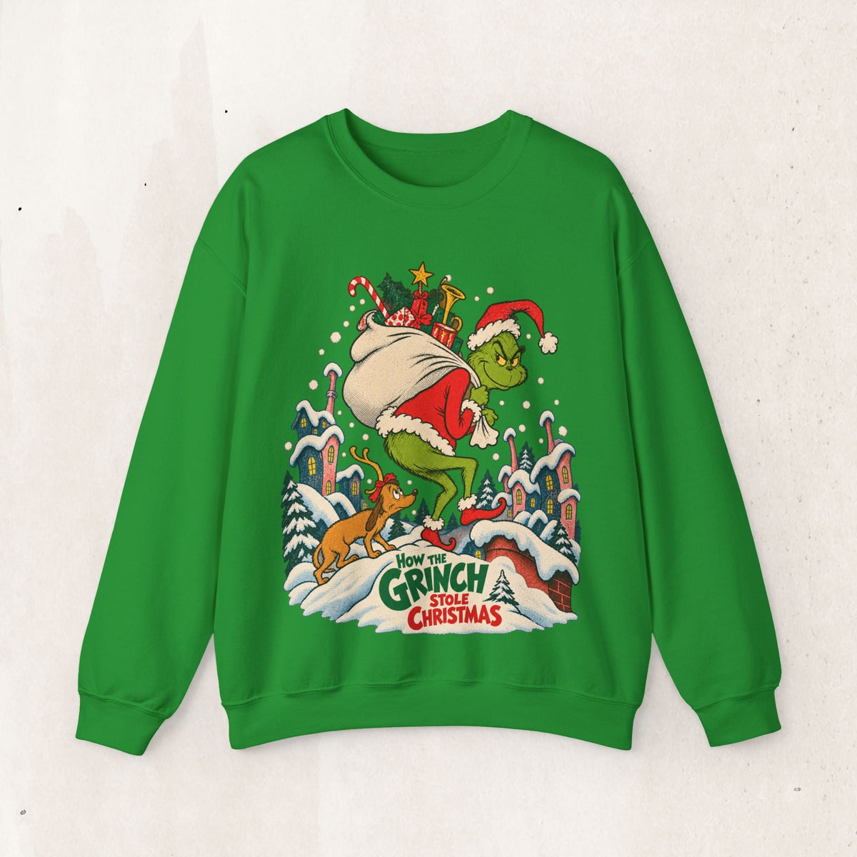 Wicked Thread Society green crewneck sweatshirt featuring a vintage Grinch Christmas illustration on the chest.