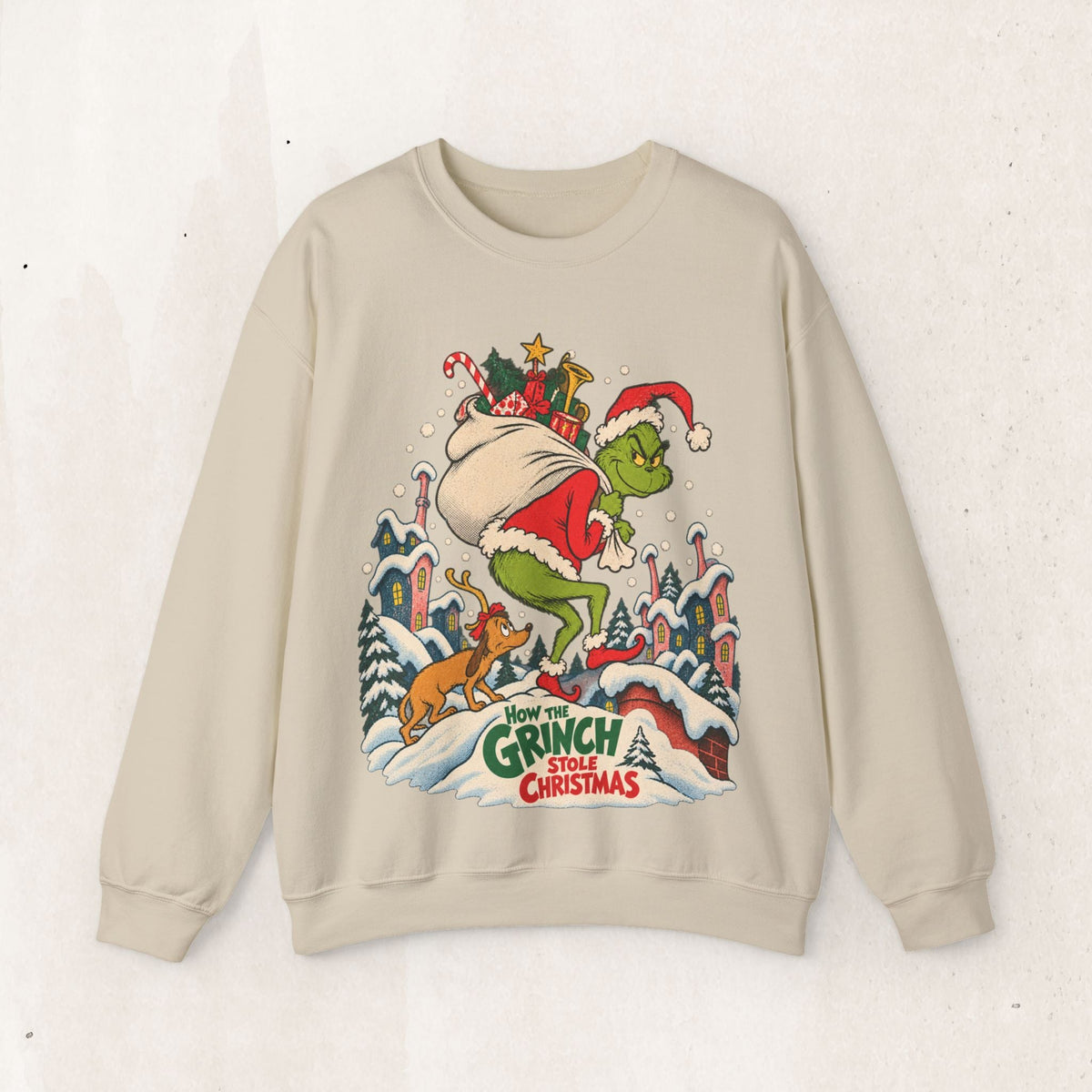 Wicked Thread Society beige crewneck sweatshirt featuring a vintage How the Grinch Stole Christmas holiday graphic.