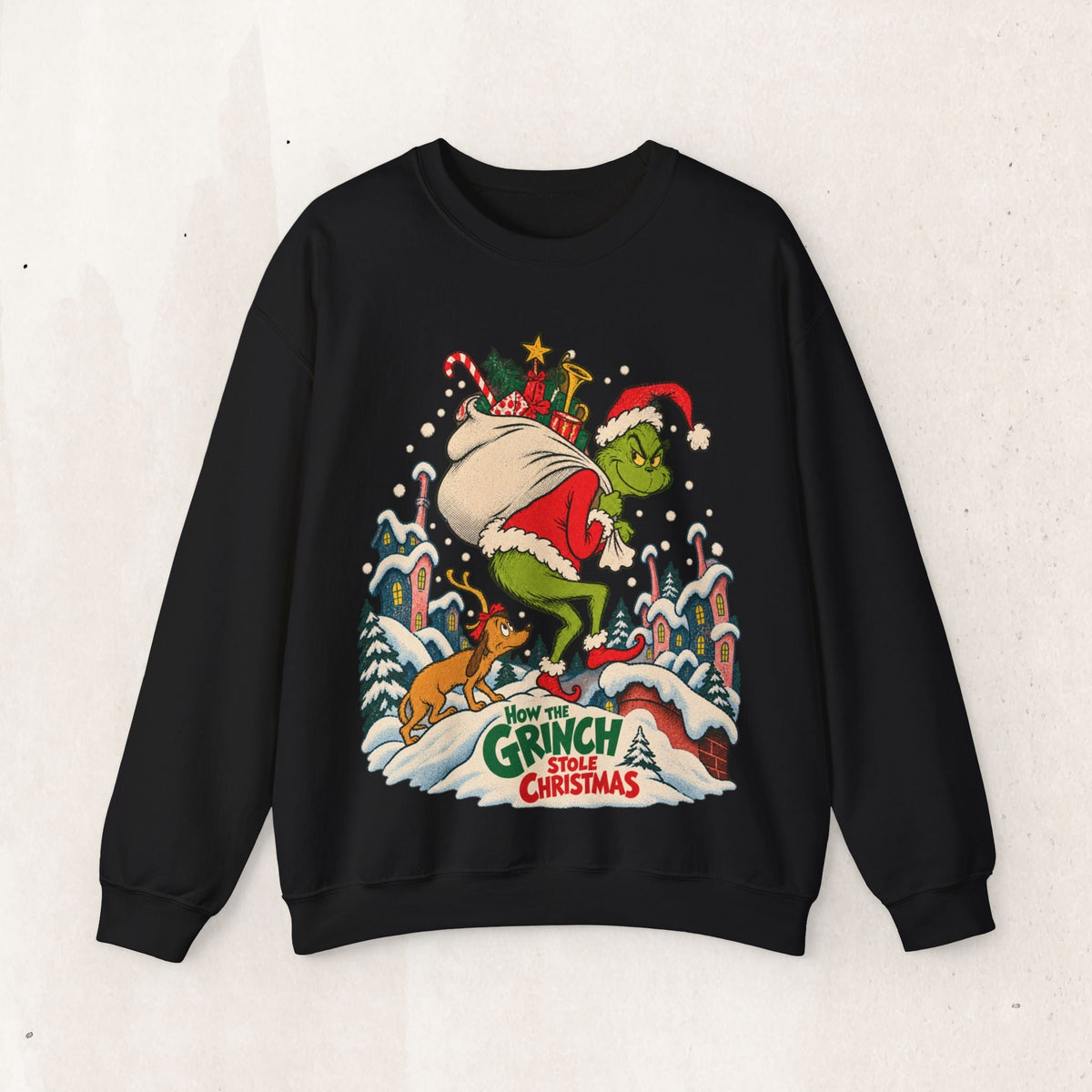 Wicked Thread Society black crewneck sweatshirt featuring a vintage Grinch illustration with Max the dog in snow.