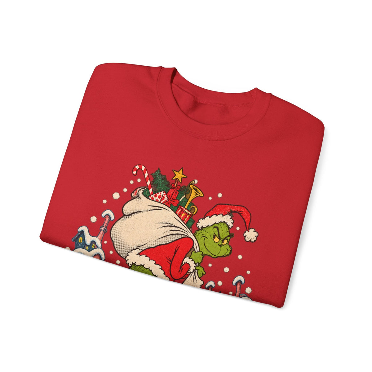 Wicked Thread Society red crewneck sweatshirt featuring a vintage Grinch illustration with a sack of Christmas gifts.