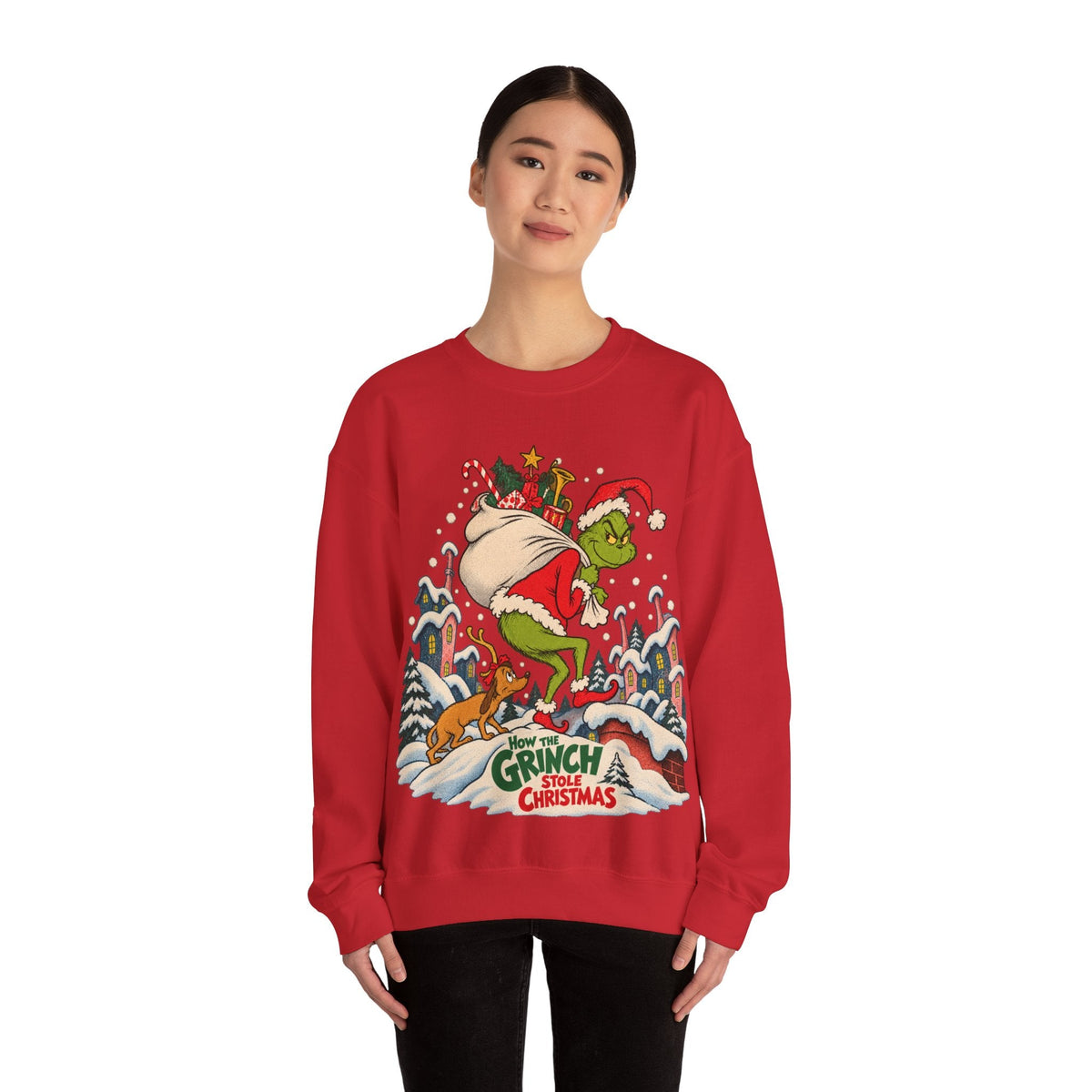 Wicked Thread Society red crewneck sweatshirt featuring a vintage Grinch Christmas illustration on a model