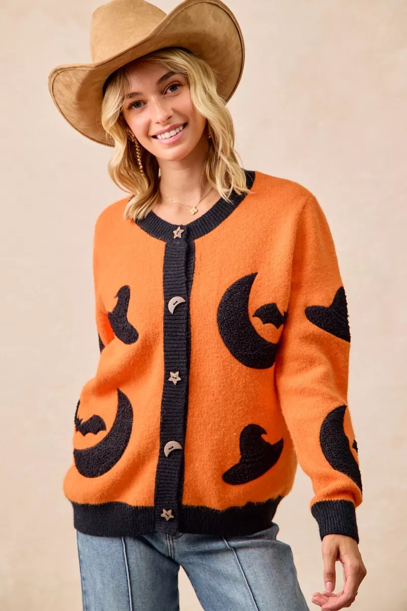 Witch Hat Halloween Cardigan in ORANGE/BLACK, alternate view