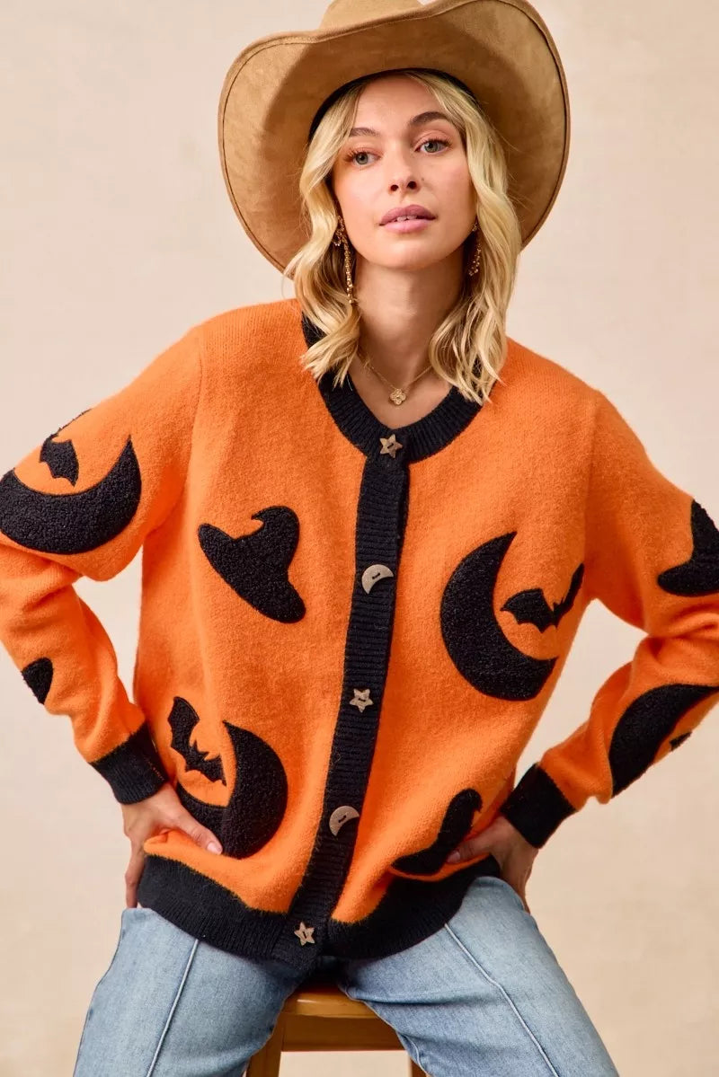 Witch Hat Halloween Cardigan in ORANGE/BLACK, alternate view