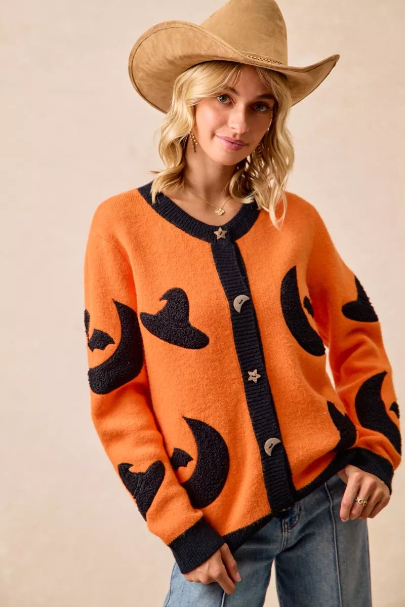 Witch Hat Halloween Cardigan in ORANGE/BLACK, alternate view
