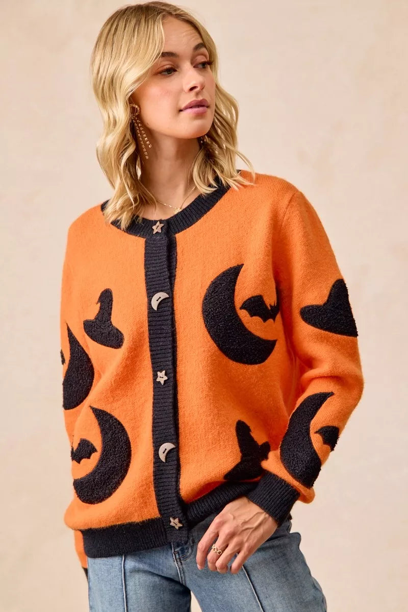 Witch Hat Halloween Cardigan in ORANGE/BLACK, alternate view