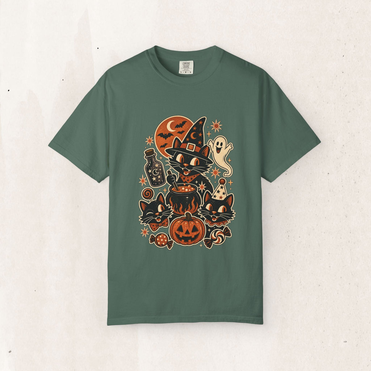 Witchy Cat Halloween Tee – Vintage Pumpkin & Potion Shirt – Blue Spruce