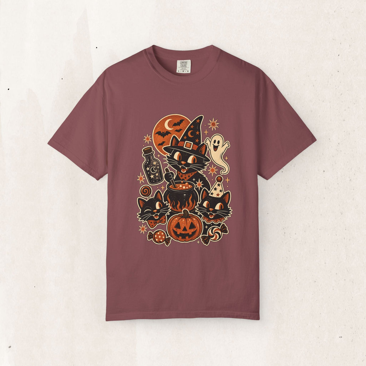 Witchy Cat Halloween Tee – Vintage Pumpkin & Potion Shirt – Brick