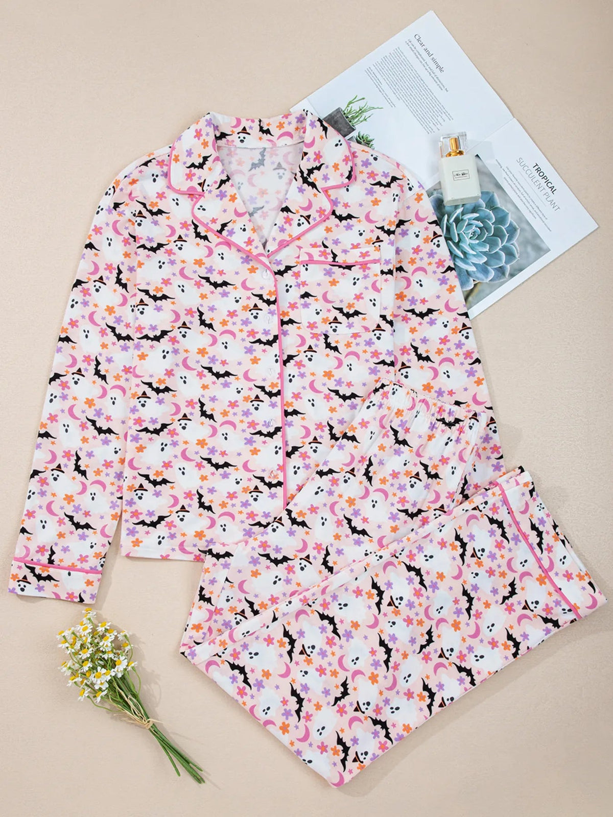 Wicked Thread Society two-piece lounge set with a white button-up top and pants featuring a Halloween ghost print.
