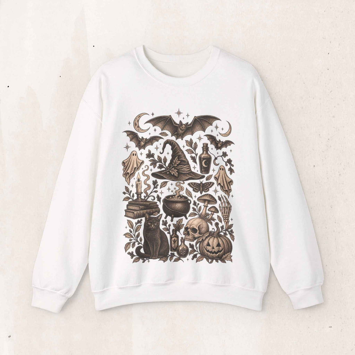 Witch Cauldron Halloween Sweatshirt – Black Cat & Pumpkin – White