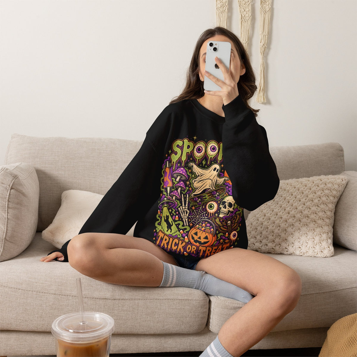 Halloween Spooky Trick or Treat Sweatshirt in Dark Heather, alternate view