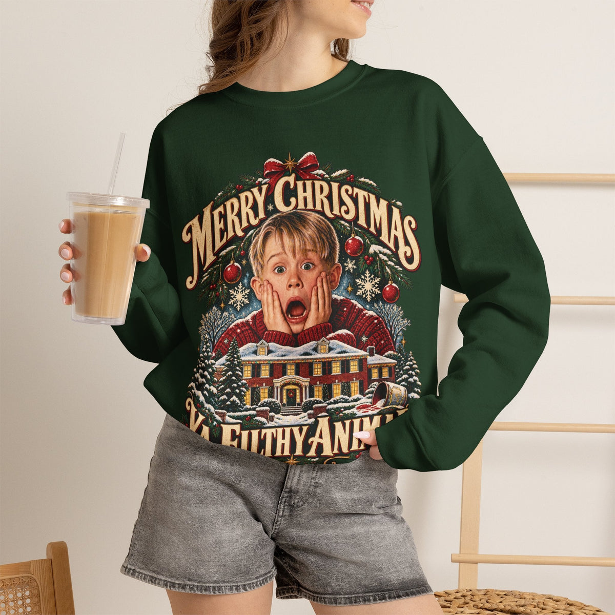 Wicked Thread Society dark green crewneck sweatshirt featuring a vintage Home Alone Christmas graphic on the front.