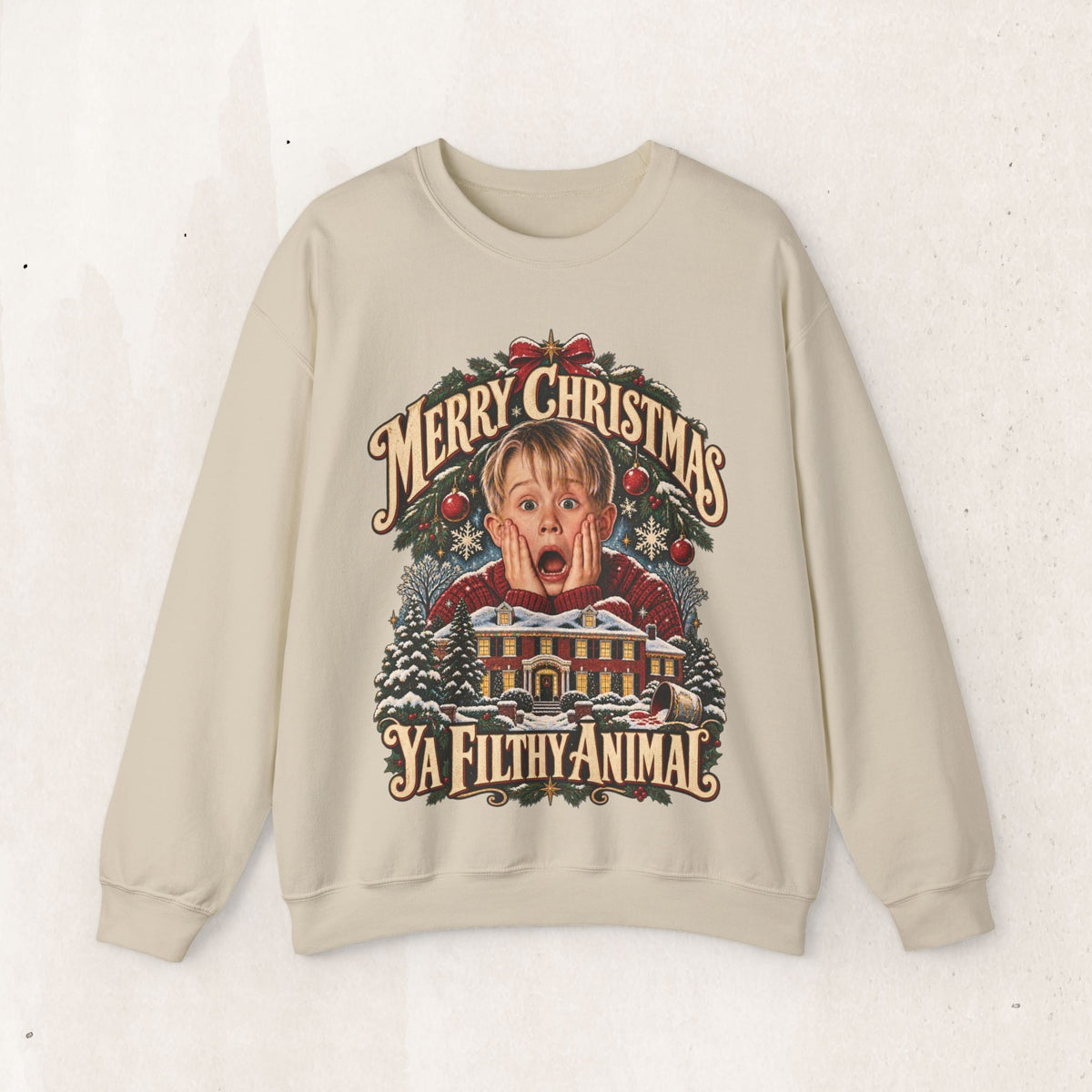Wicked Thread Society beige crewneck sweatshirt featuring a vintage Home Alone Christmas graphic on the front.