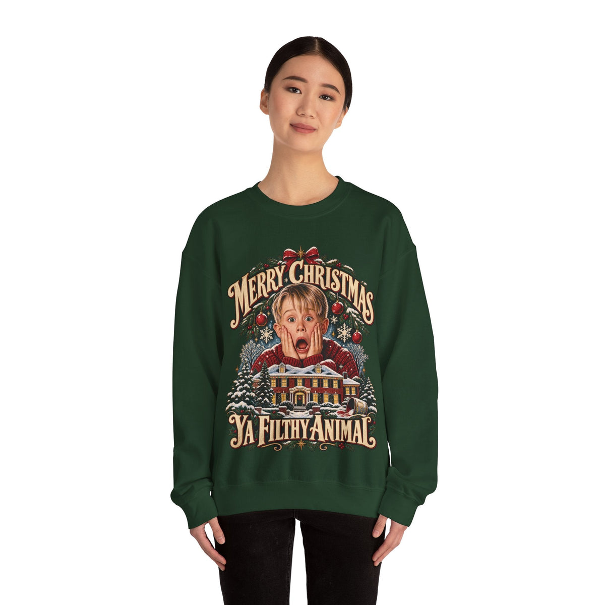 Wicked Thread Society dark green crewneck sweatshirt featuring a nostalgic Home Alone Christmas graphic on the front.