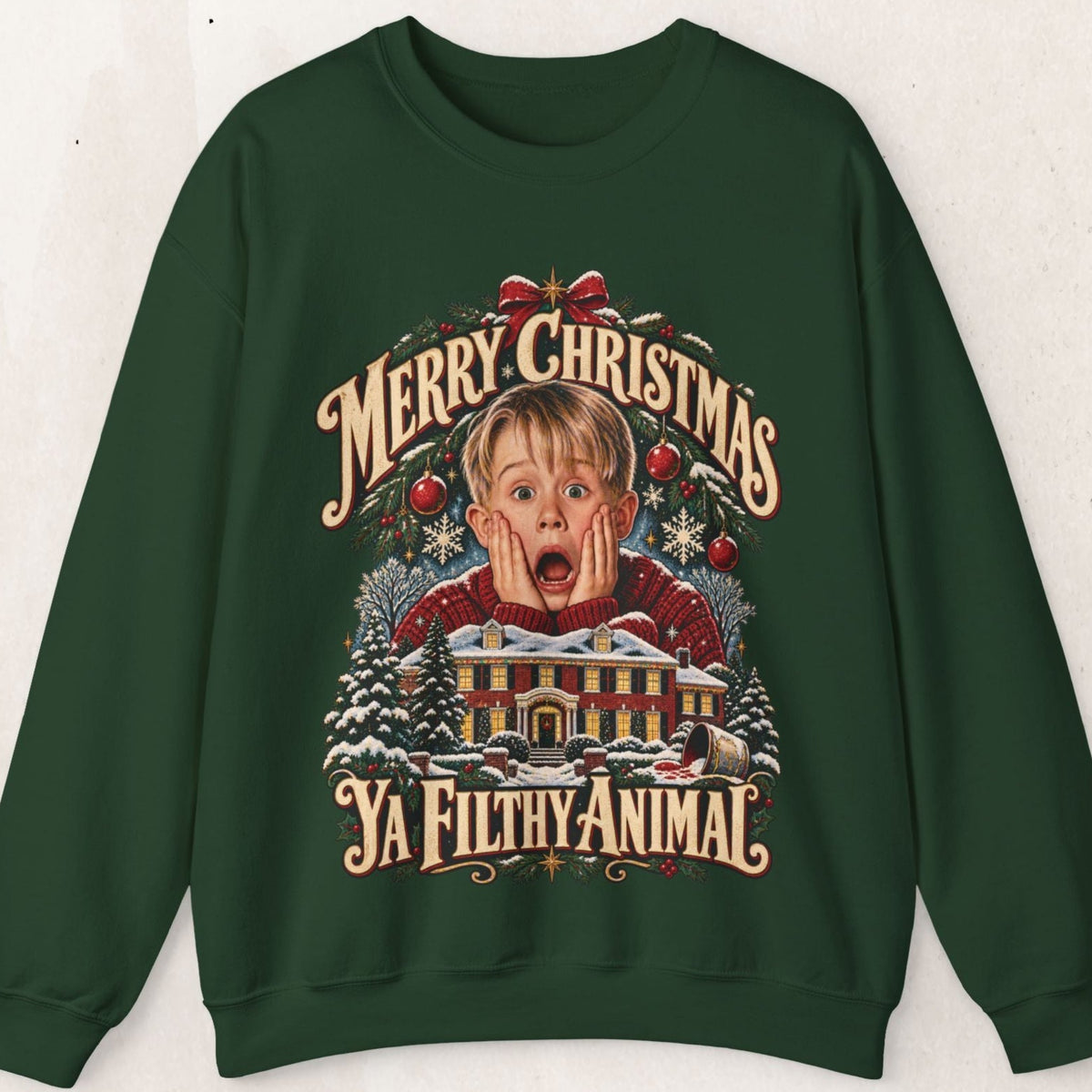 Wicked Thread Society dark green crewneck sweatshirt featuring a vintage Home Alone Christmas graphic on the front.