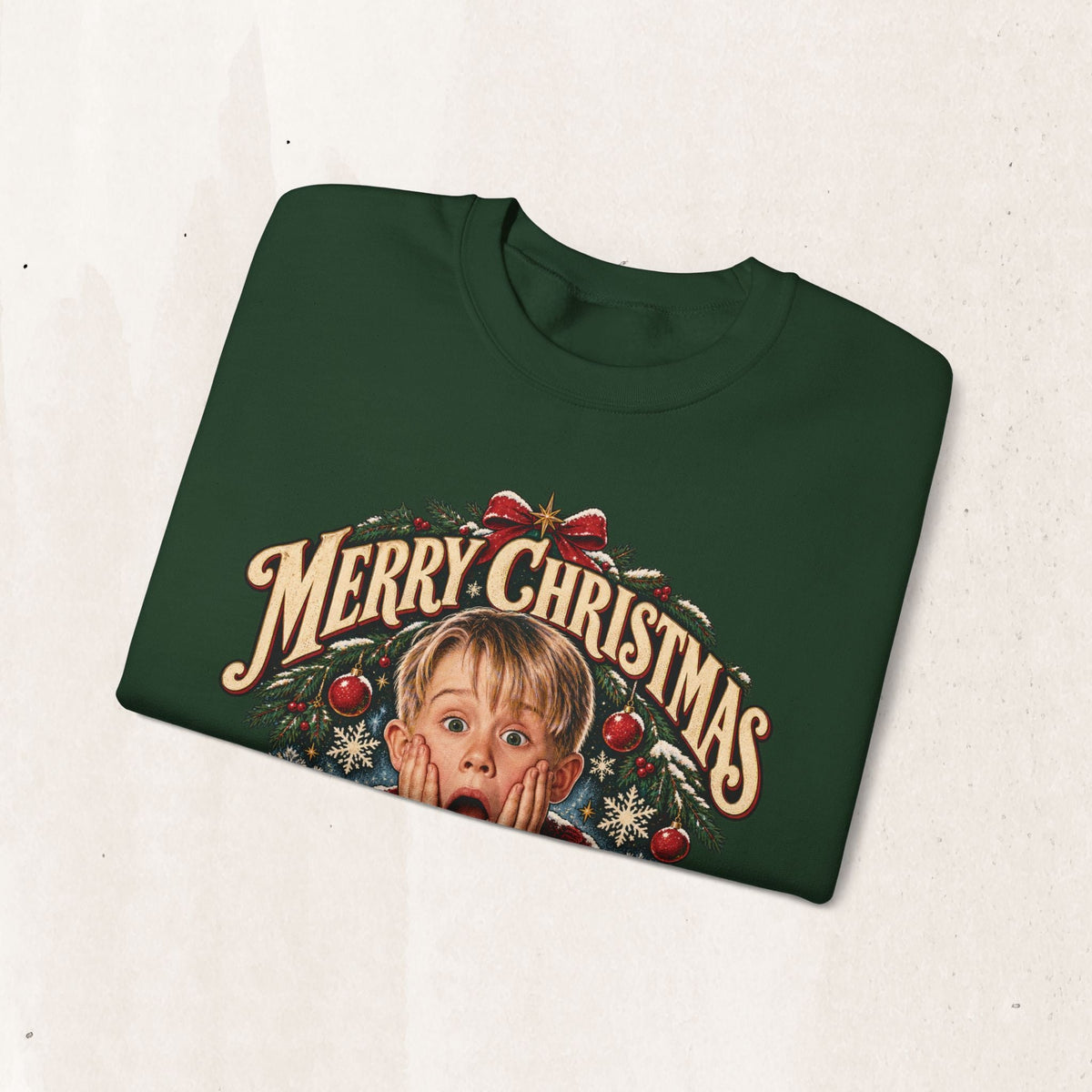 Wicked Thread Society dark green crewneck sweatshirt featuring a vintage Home Alone Merry Christmas graphic print.